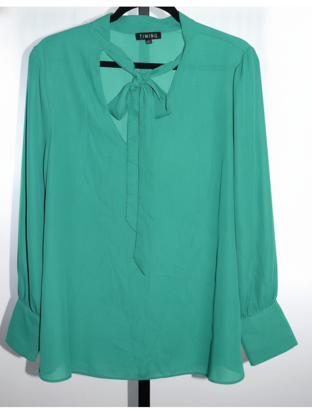 Timing Solid Green Tie Neck Keyhole Long Sleeve Blouse Plus Size 1X